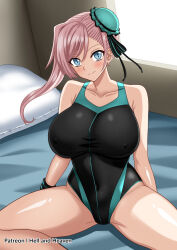 1girl asymmetrical_hair black_one-piece_swimsuit blue_eyes breasts bun_cover competition_swimsuit covered_navel fate/grand_order fate_(series) grey_hair hair_bun heart hellandheaven highres large_breasts long_hair miyamoto_musashi_(fate) miyamoto_musashi_(fate/grand_order) miyamoto_musashi_(swimsuit_berserker)_(fate) miyamoto_musashi_(swimsuit_berserker)_(first_ascension)_(fate) one-piece_swimsuit pillow_bed single_hair_bun single_side_bun single_sidelock sitting solo swept_bangs swimsuit two-tone_swimsuit