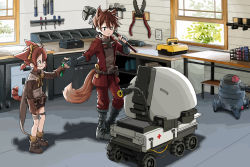1boy 2girls animal_ears arknights chiave_(arknights) fox_ears fox_tail garage lancet-2_(arknights) multiple_girls myrrh_(arknights) robot tail tools workshop