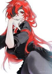 1girl absurdres black_dress breasts closed_mouth dress esu_kota eyelashes eyepatch finger_to_mouth hand_up highres hwa_ryun knee_up lips long_hair looking_at_viewer one_eye_covered original pantyhose red_eyes red_hair shadow solo tower_of_god white_background