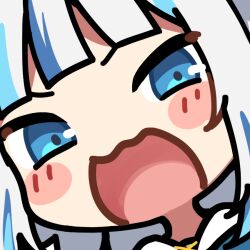 1girl :d artist_request bad_link blue_eyes blue_hair blunt_bangs blush_stickers chibi gawr_gura gawr_gura_(1st_costume) hololive hololive_english looking_at_viewer multicolored_hair official_art open_mouth portrait smile solo streaked_hair virtual_youtuber white_hair