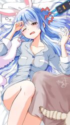 Rule 34 | 1girl, animal, arm up, bed sheet, blue hair, blush, breasts, cat, cellphone, collarbone, collared shirt, commentary request, don-chan (usada pekora), dress shirt, feet out of frame, grey pajamas, grey shirt, half-closed eye, hand up, head tilt, highres, hololive, kiritoma, long hair, long sleeves, looking at viewer, lying, no pants, on back, one eye closed, open mouth, pajamas, phone, phone with ears, pillow, rabbit-shaped pupils, red eyes, shirt, short eyebrows, signature, small breasts, solo, symbol-shaped pupils, thick eyebrows, trembling, usada pekora, very long hair, virtual youtuber