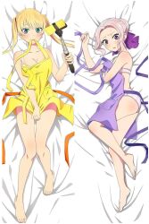 2girls apron bare_legs bare_shoulders barefoot blonde_hair blush bow bra breasts cellphone cleavage collarbone dakimakura_(medium) dot_nose feet female_focus flat_chest full_body green_eyes grey_hair hair_bow hair_bun highres hoshizaki_rika_(kanojo_mo_kanojo) kanojo_mo_kanojo kiryuu_shino large_breasts legs long_hair looking_at_viewer lying multiple_girls official_art on_back on_side open_mouth panties phone purple_apron purple_bow purple_bra purple_eyes purple_panties scared scared_expression selfie_stick single_hair_bun sleeveless small_breasts smartphone thighs toes twintails underwear very_long_hair worried yellow_apron yellow_bra