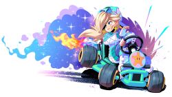 1girl absurdres aqua_jacket arnaud_tegny backwards_hat black_leggings blonde_hair blue_eyes boots driving earrings eyewear_on_headwear fingerless_gloves fire gloves go-kart hair_over_one_eye hat highres jacket jewelry leggings long_hair mario_(series) mario_kart mario_kart_world nintendo official_alternate_costume ponytail rosalina rosalina_(touring) shoe_soles solo sparkle star_(symbol) star_earrings sunglasses white_boots white_gloves