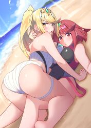 breasts large_breasts multiple_girls mythra_(radiant_beach)_(xenoblade) mythra_(xenoblade) pyra_(pro_swimmer)_(xenoblade) pyra_(xenoblade) xenoblade_chronicles_(series) xenoblade_chronicles_2