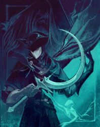 Rule 34 | 1boy, 1girl, cruentum noctis, dark souls (series), dark souls iii, gloves, glowing, glowing weapon, hat, hat over one eye, highres, holding, holding weapon, leonhard (dark souls), mask, rosaria mother of rebirth, sickle, standing, tricorne, upper body, weapon