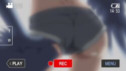 1girl adjusting_clothes adjusting_panties ahoge animated anime_screenshot ass back bare_shoulders battery_indicator bird_legs black_tube_top blue_feathers blue_hair blue_panties blue_wings blush breasts camera_feed claws denim denim_shorts digitigrade doorway feathered_wings feathers harpy highres humming indoors monster_girl monster_musume_no_iru_nichijou non-web_source official_art panties panty_peek papi_(monster_musume) plant potted_plant recording scales short_hair short_shorts shorts small_breasts smile solo sound strapless talons trefoil tube_top underwear user_interface video winged_arms wings yellow_eyes