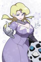 1girl :d blonde_hair blue_eyes breasts cleavage dress gen_3_pokemon glacia_(pokemon) glalie gloves large_breasts long_hair long_sleeves looking_at_viewer mituyota_76 nintendo open_mouth outstretched_arm pokemon pokemon_(creature) pokemon_oras purple_dress smile snowflakes white_gloves