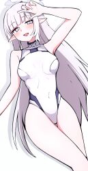 1girl :d blue_archive blush covered_navel grey_eyes grey_hair highres long_hair looking_at_viewer nagusa_(blue_archive) nagusa_(swimsuit)_(blue_archive) one-piece_swimsuit open_mouth pointy_ears simple_background smile solo swimsuit thighs very_long_hair white_background white_one-piece_swimsuit yuntaro_(ramen_star)
