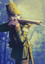 Rule 34 | 1girl, absurdres, aiming, ammunition pouch, bayonet, black hat, blue eyes, brown pants, commentary, cowboy shot, dreyse needle gun, forest, green jacket, gun, hat, highres, holding, holding gun, holding weapon, jacket, karasumi (sumizono), military, military jacket, military uniform, nature, one eye closed, original, pants, pouch, prussia, sheath, short hair, soldier, solo, weapon