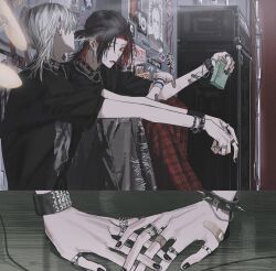 2boys akane_(st31010) amplifier bandaid bandaid_on_arm bandaid_on_hand black_choker black_hair black_nails black_shirt blonde_hair bracelet chain chain_bracelet checkered_clothes checkered_pants choker cigarette cigarette_pack couple denim drum drum_set ear_piercing earrings english_text from_side grey_pants hand_focus highres holding holding_cigarette holding_cigarette_pack holding_hands indoors instrument jeans jewelry knees_up lighting_cigarette looking_at_viewer male_focus medium_hair multicolored_hair multiple_boys multiple_rings multiple_scars original pants parted_lips piercing poster_(object) print_shirt red_eyes red_hair red_pants ring scar scar_on_arm shirt sitting smoke smoking spiked_bracelet spikes st31010 stud_earrings toi_(st31010) torn_clothes torn_jeans torn_pants two-tone_hair upper_body wrist_belt yaoi