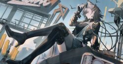 1girl animal_ears arknights black_boots black_gloves black_jacket black_nails black_shirt blue_sky boots brown_eyes commentary_request crossed_legs day eyewear_lift fingerless_gloves gloves grey_hair grey_skirt high_heel_boots high_heels highres igawa_hikaru jacket long_sleeves nail_polish outdoors penance_(arknights) pleated_skirt puffy_long_sleeves puffy_sleeves shirt sign sitting skirt sky solo sunglasses thigh_boots thighhighs