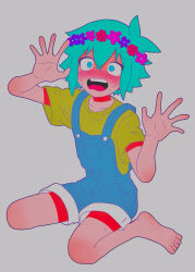 Rule 34 | 1boy, antenna hair, basil (headspace) (omori), basil (omori), blue overalls, blush, flower, full-face blush, green eyes, green hair, green shirt, grey background, head wreath, highres, looking at viewer, male focus, omori, open mouth, overall shorts, overalls, saji neko, shirt, short hair, short sleeves, simple background, sitting, solo, sweat, t-shirt, teeth, upper teeth only, wariza