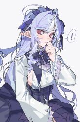 ! 1girl absurdres ahoge black_nails blush breasts closed_mouth hamita_(rikopin_ika) highres long_hair long_sleeves mole mole_under_eye multicolored_hair pointy_ears purple_hair red_eyes shirt sideboob sideboob_cutout simple_background solo vivian_banshee white_background zenless_zone_zero