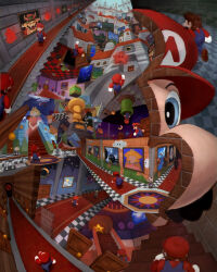abstract absurdres blue_eyes bowser brown_hair castle checkered_floor coin commentary door english_commentary facial_hair flag gloves glowing glowing_eyes hallway hat highres long_sleeves luigi mario mario_(series) maze mirror multiple_boys mustache nintendo overalls painting_(object) picture_frame princess_peach red_shirt reflection shirt stairs standing star_(symbol) super_mario_64 toad_(mario) white_gloves x-ray zhjake