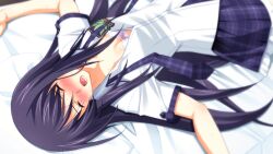 1girl aoi_sena bed_sheet blush bow bow_bra bra breasts buttons chaos;head chaos;head_love_chu_chu! closed_eyes collarbone collared_shirt fever from_above hair_spread_out head_on_pillow lace lace-trimmed_bra lace_trim long_hair long_sidelocks loose_necktie lower_teeth_only lying matsuo_yukihiro miniskirt necktie nose_blush on_back on_bed open_collar open_mouth outstretched_arms partially_unbuttoned pillow pink_ribbon plaid_clothes plaid_necktie plaid_skirt plaid_sleeves plaid_trim pleated_skirt purple_necktie purple_skirt purple_sleeves ribbon school_emblem school_uniform shirt short_sleeves sidelocks skirt small_breasts suimei_academy suimei_school_uniform suimei_summer_uniform sweat sweatdrop swept_bangs teeth tongue underwear white_bra white_petticoat white_shirt wrinkled_fabric
