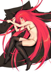 1girl bikini black_thighhighs blush coat covered_erect_nipples flat_chest gold_bikini highres loli long_hair looking_at_viewer lying micro_bikini no_shoes ohlia on_side red_eyes red_hair shakugan_no_shana shana solo swimsuit thighhighs unworn_coat very_long_hair
