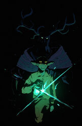 Rule 34 | 2others, black background, hand on another&#039;s shoulder, hatchling (outer wilds), highres, holding, holding lantern, lantern, looking at viewer, meruz (automeruz), multiple others, outer wilds, outer wilds: echoes of the eye, the prisoner (outer wilds), yellow eyes