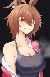 1girl absurdres agnes_tachyon_(umamusume) ahoge animal_ears bare_shoulders black_background breasts brown_hair cleavage closed_mouth commentary_request earrings hair_between_eyes highres horse_ears horse_girl jacket jacket_partially_removed jewelry large_breasts open_clothes open_jacket red_eyes red_jacket short_hair simple_background single_earring smile solo track_jacket umamusume upper_body wavy_mouth yuki_(yuk1_94)