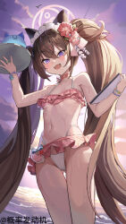 1girl absurdres bead_bracelet beads bikini bikini_skirt blue_archive bracelet breasts brown_hair cameltoe choker fadonji flower food frilled_bikini frills hair_flower hair_ornament halo highleg highleg_bikini highres holding holding_tray jewelry kanzashi loli long_hair looking_at_viewer maid_headdress navel official_alternate_costume open_mouth pink_bikini pink_choker pink_halo purple_eyes shaved_ice shide_hair_ornament shizuko_(blue_archive) shizuko_(swimsuit)_(blue_archive) small_breasts solo swimsuit tray twintails very_long_hair white_headdress