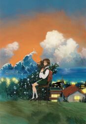 1girl backpack bag black_shoes brown_hair building chair closed_eyes cloud dress field floating_hair from_side grass green_dress hands_on_own_chest highres horizon house kneehighs loafers medium_hair multicolored_sky n0ma ocean oil_painting_(medium) on_chair orange_sky original outdoors painting_(medium) power_lines profile scenery shirt shoes sitting sky smile socks solo surreal traditional_media utility_pole water waves white_shirt white_socks wide_shot