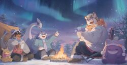 3boys absurdres aurora bara beanie blue_coat blue_eyes brown_footwear campfire camping cape coat creatures_(company) dog_boy fangs fire furry furry_male game_freak gen_1_pokemon gen_2_pokemon gengar hat hetero highres legendary_pokemon lugia multiple_boys nintendo orange_eyes orange_scarf original outdoors pikachu pink_eyes pink_scarf pointing pointing_up pokemon pokemon_(creature) scarf seamonsterping sitting sky snowing star_(sky) starry_sky steam tent tiger_boy tree white_coat winter