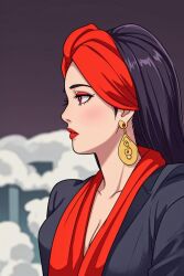 1girl artist_request black_hair brown_hair commentary_request copyright_request disneyland dress earrings farja from_side jewelry lipstick long_hair long_sleeves makeup non-web_source red_hair smile source_request upper_body