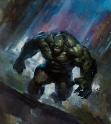 1boy abomination abomination_(marvel) absurdres cityscape claws colored_skin colorful_background emil_blonsky fish giant giant_male gills green_skin highres marvel marvel_snap mud muscular muscular_male official_art pool puddle red_eyes teeth viktor_farro wading walking_towards_viewer wet