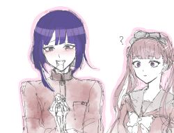 black_bow blush bow brother_and_sister drooling hair_bow highres long_hair open_mouth pink_eyes pink_hair purple_hair siblings simple_background sketch the_hundred_line_-last_defense_academy- tsukumo_ima tsukumo_kako twins twintails upper_body white_background
