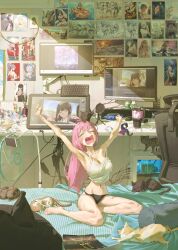 1girl absurdres cat closed_eyes highres indoors jhigf long_hair messy_room midriff navel open_mouth pink_hair sitting solo stretching wavy_mouth yawning