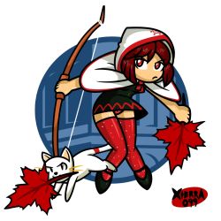 1girl animal boots bow brown_hair cat dress female_focus highres hood kaho_(momodora) leaf momodora:_reverie_under_the_moonlight panties pantyshot polka_dot polka_dot_legwear polka_dot_panties red_eyes solo thighhighs underwear watermark xierra099 zettai_ryouiki