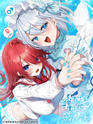 1boy 1girl :d ahoge blue_bow blue_eyes blue_hairband blue_jacket blue_nails blue_sky blush bow bowtie breasts buttons commentary_request company_name cowboy_shot day double-breasted eyelashes eyes_visible_through_hair fang floating_hair foreshortening frilled_sailor_collar frills furrowed_brow grey_hair haiba_09 hair_bow hair_ornament hairband highres holding_hands impossible_clothes interlocked_fingers jacket kamisama_choose!_sensei_onna_no_ko_niatteru_yo! large_breasts lolita_hairband long_hair long_sleeves looking_at_viewer mars_symbol medium_hair midriff nail_polish okihi_kanae open_mouth outdoors red_bow red_bowtie red_hair sailor_collar school_uniform serafuku shirahato_inori shirt signature skin_fang skirt sky smile speech_bubble spoken_mars_symbol spoken_venus_symbol translation_request trap venus_symbol wavy_mouth white_sailor_collar white_serafuku white_shirt white_skirt wing_hair_ornament x_hair_ornament zipper