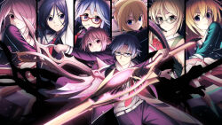 Rule 34 | 1boy, 6+girls, arimura hinae, back-to-back, belt, belt buckle, black dress, black pants, black shoes, black thighhighs, blonde hair, blue eyes, blue hair, bow, breasts, brown cardigan, brown eyes, brown hair, buckle, cardigan, chaos;child, collarbone, collared shirt, d-sword, dress, everyone, frown, glasses, glowing, glowing sword, glowing weapon, hair bow, hair over one eye, hair ribbon, hekiho academy school uniform, holding, holding sword, holding weapon, hood, huge weapon, jacket, kazuki hana, kunosato mio, kurusu nono, lab coat, lapels, leather belt, loafers, lollipop in mouth, long hair, looking at viewer, minamisawa senri, miyashiro takuru, multiple girls, multiple hair bows, necktie, notched lapels, onoe serika, open clothes, open jacket, open mouth, orange hair, pants, pink eyes, pink hair, purple eyes, purple hair, red-framed eyewear, red necktie, ribbon, school uniform, serious, shiny eyes, shirt, shoes, smile, sword, taba neruko, thighhighs, v-shaped eyebrows, weapon, white belt, white hood, white shirt, yamazoe uki
