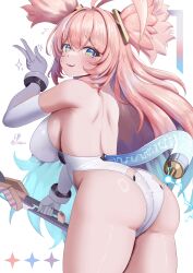 1girl :3 absurdres antenna_hair ass azur_lane bare_shoulders blue_eyes blush breasts commentary elbow_gloves english_commentary gloves green_eyes highres holding large_breasts leotard long_hair loob looking_back multicolored_eyes open_mouth pink_hair smile solo specialized_bulin_mkiii_(azur_lane) specialized_bulin_mkiii_(the_bulin_bringer_of_justice)_(azur_lane) thighhighs thighs two_side_up white_gloves white_leotard white_thighhighs