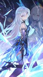 1girl absurdres bare_shoulders breasts butterfly_hair_ornament closed_mouth crack cracked_screen dress genshin_impact gloves grey_hair guest_art hair_between_eyes hair_ornament highres lack long_hair looking_at_viewer looking_back medium_breasts official_alternate_costume official_art red_eyes reflection second-party_source skirk_(genshin_impact) solo thighs very_long_hair