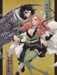 1boy 1girl bandages black_eyes black_hair braid breasts cleavage commentary green_eyes green_hair green_thighhighs haori heterochromia highres holding holding_sword holding_weapon iguro_obanai japanese_clothes kaburamaru kanroji_mitsuri kimetsu_no_yaiba kimono labell_xx mole pink_hair smile snake striped_clothes striped_thighhighs sword thighhighs vertical-striped_clothes vertical-striped_thighhighs weapon yellow_eyes