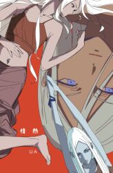 Rule 34 | 1girl, amikoiiko, arm ribbon, armpits, arms up, artist name (singer), baggy pants, barefoot, brown pants, brown tank top, closed mouth, collarbone, commentary request, cosplay, crop top, derivative work, edelgard von hresvelg, facing to the side, fire emblem, fire emblem: three houses, foot out of frame, hand on own stomach, head down, highres, long hair, looking down, lying, midriff, multiple views, navel piercing, nintendo, on back, orange background, orange lips, palms together, pants, piercing, purple eyes, purple ribbon, ribbon, screenshot redraw, simple background, solo, song name, spaghetti strap, sternocleidomastoid muscle, tank top, ua (musician), white hair