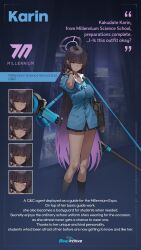 Rule 34 | 1girl, absurdres, anti-materiel rifle, bag, black bag, black hair, black halo, black socks, blue archive, blue bow, blue bowtie, blue nails, blue skirt, blue sweater, blush, bow, bowtie, boys anti tank rifle, breasts, cardigan, closed eyes, closed mouth, collared shirt, commentary, dark-skinned female, dark skin, english commentary, english text, fingernails, gradient hair, gun, gun sling, halo, hand in own hair, hand up, highres, karin (blue archive), karin (school uniform) (blue archive), large breasts, light frown, long hair, miniskirt, multicolored hair, multiple expressions, nail polish, official alternate costume, official art, pleated skirt, purple hair, rifle, school uniform, shirt, shoulder bag, skirt, smile, sniper rifle, socks, solo, sweater, very long hair, weapon, white shirt