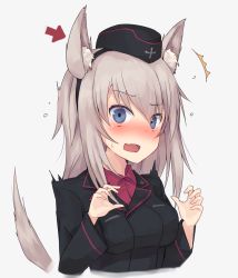 Rule 34 | 10s, 1girl, ^^^, animal ears, arrow (projectile), black hat, black jacket, blue eyes, commentary, constricted pupils, cropped torso, dog ears, dog tail, dress shirt, fake animal ears, fake tail, female focus, garrison cap, girls und panzer, hat, itsumi erika, jacket, kuromorimine military uniform, long hair, long sleeves, looking at viewer, metindone, military, military hat, military uniform, open mouth, portrait, red shirt, shirt, silver hair, simple background, solo, standing, surprised, tail, white background