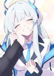 1boy 1girl absurdres black_jacket blue_archive blue_necktie blush closed_eyes collared_shirt commentary_request grey_hair grey_halo grin halo hand_on_another&#039;s_arm hand_on_another&#039;s_cheek hand_on_another&#039;s_face hands_up happy_tears head_tilt headgear highres jacket long_hair long_sleeves necktie noa_(blue_archive) pov pov_hands shirt sidelocks smile tears tonomiya68 white_background white_jacket white_shirt