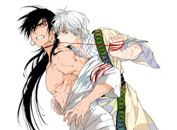 2boys abs adam&#039;s_apple bdsm black_hair bondage bound bound_arms clenched_teeth earrings fighting freckles funpjinju highres ja&#039;far_(magi) jewelry long_hair looking_at_another magi_the_labyrinth_of_magic male_focus manly multiple_boys muscular nipples ponytail profile scar shirt_slip short_hair sinbad_(magi) teeth tunic weapon white_background white_hair wire