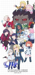 absurdres anniversary archer_(fate) bersercar black_hair blonde_hair blue_hair captain_nemo_(fate) captain_nemo_(first_ascension)_(fate) chibi dark-skinned_female dark_skin fate/grand_order fate_(series) fujimaru_ritsuka_(female) fujimaru_ritsuka_(female)_(decisive_battle_chaldea_uniform) gun heracles_(fate) highres jason_(fate) long_hair mash_kyrielight medjed_(fate) model_ship nemo_(fate) oneroom-disco orange_hair oryou_(fate) oryou_(lancer)_(fate) pink_hair sakamoto_ryouma_(lancer)_(fate) scheherazade_(fate) short_hair sitonai_(fate) tezcatlipoca_(fate) weapon white_hair