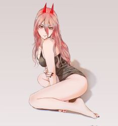 1girl bare_shoulders barefoot black_camisole breasts camisole chainsaw_man closed_mouth commentary cross-shaped_pupils demon_girl dot_nose english_commentary fingernails from_side full_body gradient_background grey_background hair_between_eyes hand_on_own_arm henoopd highres horns long_hair looking_at_viewer medium_breasts nail_polish photo-referenced pink_hair power_(chainsaw_man) red_eyes red_horns red_nails shadow sitting solo symbol-shaped_pupils toenail_polish toenails yokozuwari