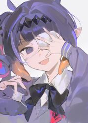 1girl collared_shirt colored_inner_hair eyepatch fang gradient_hair grey_sweater hand_on_own_face highres hololive hololive_english long_sleeves looking_at_viewer medical_eyepatch mole mole_under_eye multicolored_hair ninomae_ina&#039;nis ninomae_ina&#039;nis_(school_uniform) official_alternate_costume official_alternate_hairstyle open_mouth orange_hair pink_hair purple_eyes purple_hair ranqi070 school_uniform shirt side_ponytail sidelocks simple_background solo sweater takodachi_(ninomae_ina&#039;nis) tentacle_hair v-neck virtual_youtuber white_background white_shirt