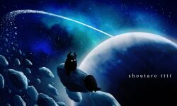 bird english_text galaxy glowing glowing_eyes highres horns hoshikui night night_sky no_humans original planet rock shoutarou_(shoutarotttt) sky space star_(sky) starry_sky