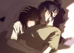 2girls asahina_mafuyu brown_hair brown_shirt cellphone closed_eyes commentary_request cuddling hand_on_another&#039;s_head highres kamo_(kraw3887) long_hair morning multiple_girls parted_lips phone pillow ponytail project_sekai purple_hair shinonome_ena shirt short_hair short_sleeves sleeping smartphone under_covers yuri