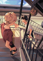 Rule 34 | 2boys, absurdres, amo (amo 0514), ankle socks, arm up, black eyes, black hair, black pants, black shoes, black shorts, black socks, blonde hair, blurry, blurry background, capri pants, collarbone, commentary request, day, downblouse, earrings, eye contact, foot up, from above, from behind, full body, furrowed brow, hair between eyes, hair tie, hand on railing, handrail, highres, jewelry, leaning forward, looking at another, looking down, looking up, lower teeth only, male focus, multiple boys, on stairs, open mouth, original, outdoors, pants, ponytail, railing, red shirt, shadow, shirt, shoes, short hair, short ponytail, short sleeves, shorts, sneakers, socks, stairs, standing, sunlight, sweat, t-shirt, teeth, train, turning head, walking, watch, water, white shirt, white shoes, white socks, wiping face, wristwatch