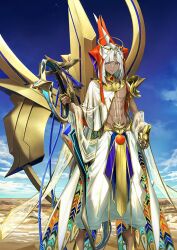 Rule 34 | 1boy, abs, absurdly long hair, ahoge, ancient egyptian, ancient egyptian clothes, arm at side, armor, blue sky, bright pupils, cape, closed mouth, cloud, day, desert, fate/grand order, fate (series), feet out of frame, floating, floating object, game cg, gauntlets, gloves, gold armor, gold necklace, gold sandals, grey eyes, hand up, harem pants, holding, holding staff, horizon, jewelry, long hair, looking at viewer, midair, navel, necklace, nemes, no shirt, official art, pants, parted bangs, partially fingerless gloves, pauldrons, pectorals, pharaoh, sand, sandals, see-through clothes, see-through shawl, shawl, shoulder armor, side cape, single pauldron, sky, smile, solo, spoilers, staff, stomach tattoo, straight hair, tattoo, third-party source, toned, toned male, tutankhamun (fate), tutankhamun (third ascension) (fate), uraeus, usekh collar, very long hair, white cape, white pants, white pupils, yoco n (lasengle)