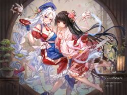 2girls 80isiiii absurdres barefoot black_hair blue_dress blue_eyes blue_gloves blue_hat bonsai bow braid breasts chinese_commentary cleavage commentary commission cup dated detached_sleeves dress fingerless_gloves floral_print flower gloves hair_bow hair_flower hair_ornament hand_on_another&#039;s_shoulder hat highres holding holding_cup houraisan_kaguya inaba_mob_(touhou) japanese_clothes kimono lantern large_breasts long_hair long_sleeves looking_at_viewer mooncake multicolored_dress multiple_girls obi pink_flower pink_kimono plate pouring rabbit red_bow red_dress red_sash sakazuki sash single_braid sleeveless sleeveless_dress touhou two-tone_dress very_long_hair watermark wide_sleeves yagokoro_eirin