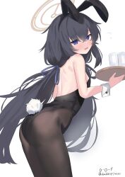 1girl absurdres animal_ear_hairband animal_ears ass bags_under_eyes black_hair black_leotard black_pantyhose blue_archive blue_eyes brown_halo commentary cowboy_shot cup doubleopenfreezer drinking_glass english_commentary fake_animal_ears hairband halo highres leotard long_hair looking_at_viewer low_twintails pantyhose playboy_bunny rabbit_ears rabbit_tail simple_background solo strapless strapless_leotard tail tray twintails ui_(blue_archive) very_long_hair white_background wrist_cuffs