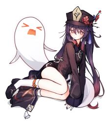 &gt;_&lt; 1girl black_nails black_shoes black_shorts boo_tao_(genshin_impact) brown_hair closed_mouth commentary_request flower flower-shaped_pupils genshin_impact ghost gradient_hair gumi_(guminghc) hair_between_eyes hat hat_flower highres hu_tao_(genshin_impact) long_hair long_sleeves looking_at_viewer low_twintails multicolored_hair nail_polish open_mouth red_eyes red_flower red_hair shoes shorts sidelocks sleeves_past_wrists socks symbol-shaped_pupils tassel twintails very_long_hair white_socks